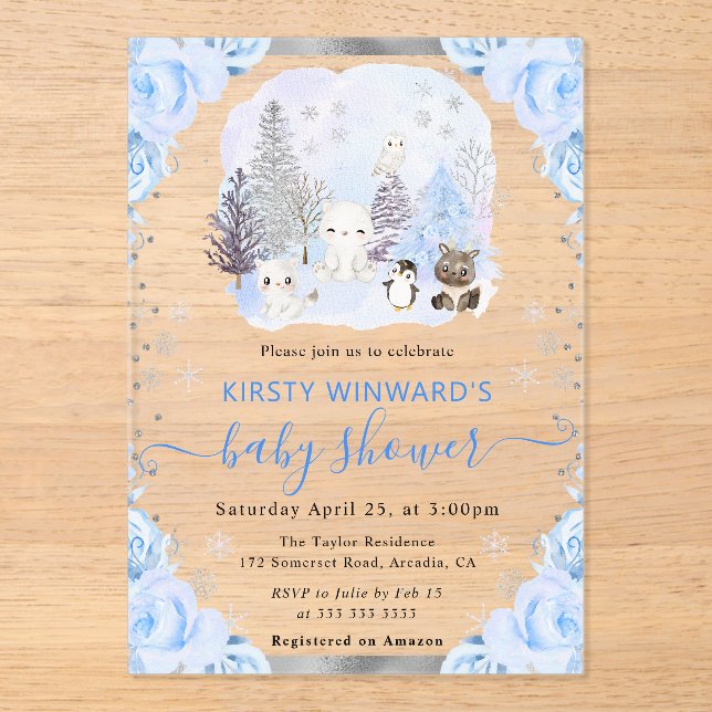 Invitations En Acrylique Aquarelle Animaux arctiques Baby shower floral (Recto)