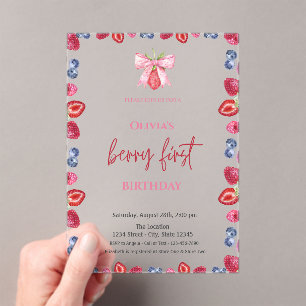 Invitations En Acrylique Aquarelle Anniversaire 1 an Fleur de Fraisier Bleu