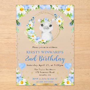 Invitations En Acrylique Aquarelle Anniversaire Enfant Hippopotame Mignon J