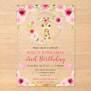 Invitations En Acrylique Aquarelle Anniversaire Enfants Girafe Mignon Jungl