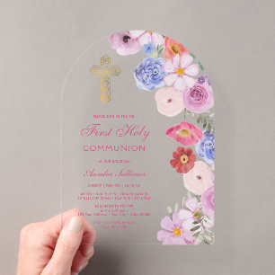 Invitations En Acrylique Aquarelle Arceau de fleurs sauvages Première Commu
