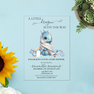 Invitations En Acrylique Aquarelle baby shower Bleu Dragon