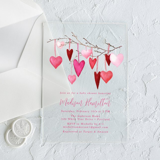 Invitations En Acrylique Aquarelle Baby shower de branche rose et rouge coe (Créateur téléchargé)