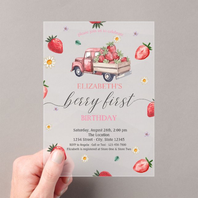 Invitations En Acrylique Aquarelle Baby shower de camion fraise (In situ (ordinateur de poche))