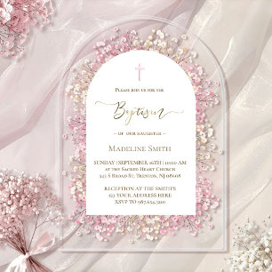 Invitations En Acrylique aquarelle blanc fleurs roses Baptême