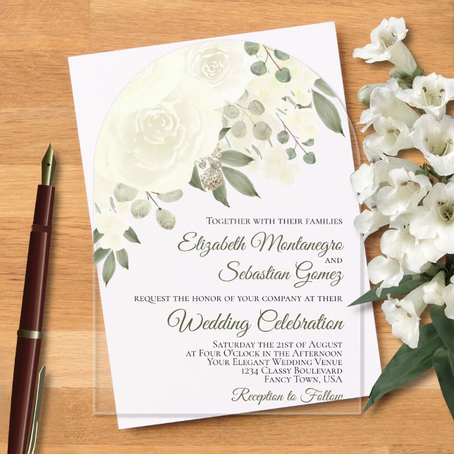 Invitations En Acrylique Aquarelle blanche ivoire Roses Élégant Mariage d'a (Créateur téléchargé)