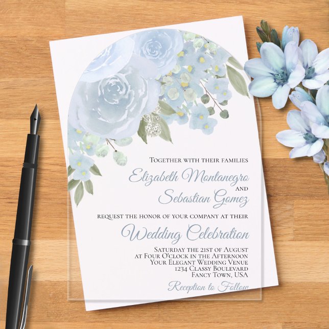 Invitations En Acrylique Aquarelle bleu Dusty Roses Élégant Mariage d'arc (Créateur téléchargé)