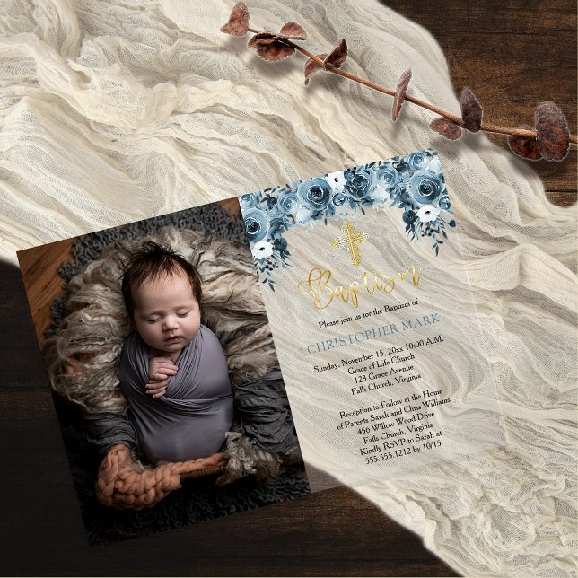 Invitations En Acrylique Aquarelle bleu Floral Faux Gold Boy Photo Baptême (Blue Watercolor Floral Faux Gold Boy Photo Baptism Acrylic Invitations)
