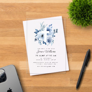Invitations En Acrylique Aquarelle bleu flores Baptême