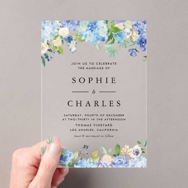Invitations En Acrylique Aquarelle bleu Hydrangea Fleurs Mariage (In situ (ordinateur de poche))