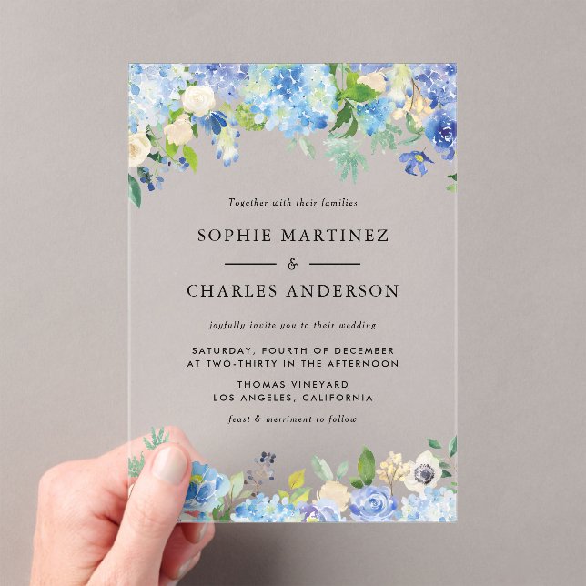 Invitations En Acrylique Aquarelle bleu Hydrangea Mariage botanique (In situ (ordinateur de poche))