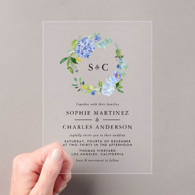 Invitations En Acrylique Aquarelle bleu Hydrangea Mariage de couronnes (In situ (ordinateur de poche))