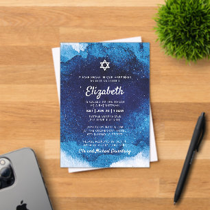 Invitations En Acrylique Aquarelle bleu moderne bat mitzvah