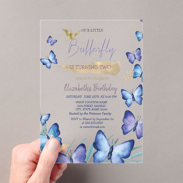 Invitations En Acrylique Aquarelle Bleu Papillons Rainbow Anniversaire (In situ (ordinateur de poche))