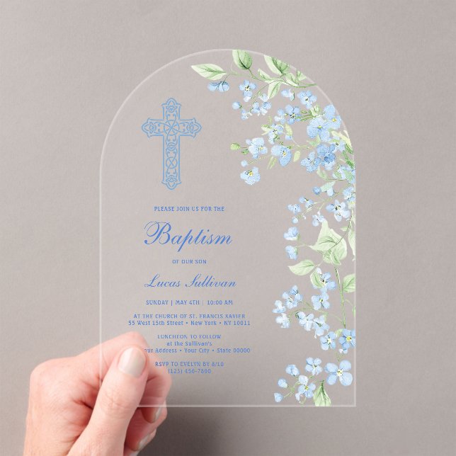 Invitations En Acrylique Aquarelle bleue Fleurs Arch Baptême (In situ (ordinateur de poche))
