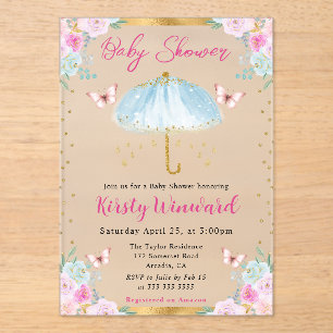 Invitations En Acrylique Aquarelle Blue Gold Spring Baby shower parapluie
