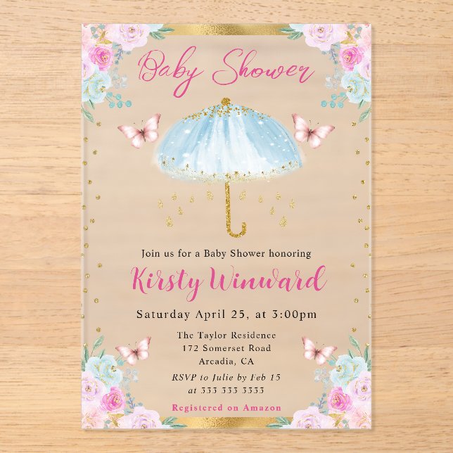 Invitations En Acrylique Aquarelle Blue Gold Spring Baby shower parapluie (Recto)