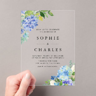 Invitations En Acrylique Aquarelle Blue Hydrangea Fleurs Bouquet Mariage