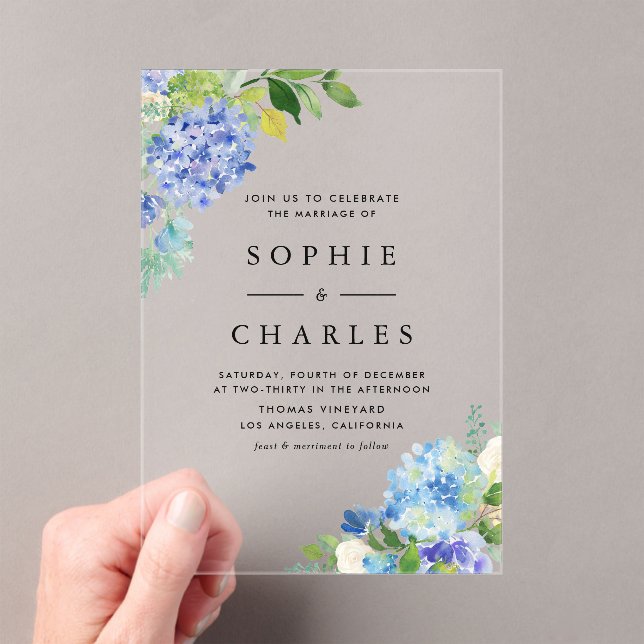 Invitations En Acrylique Aquarelle Blue Hydrangea Fleurs Bouquet Mariage (In situ (ordinateur de poche))