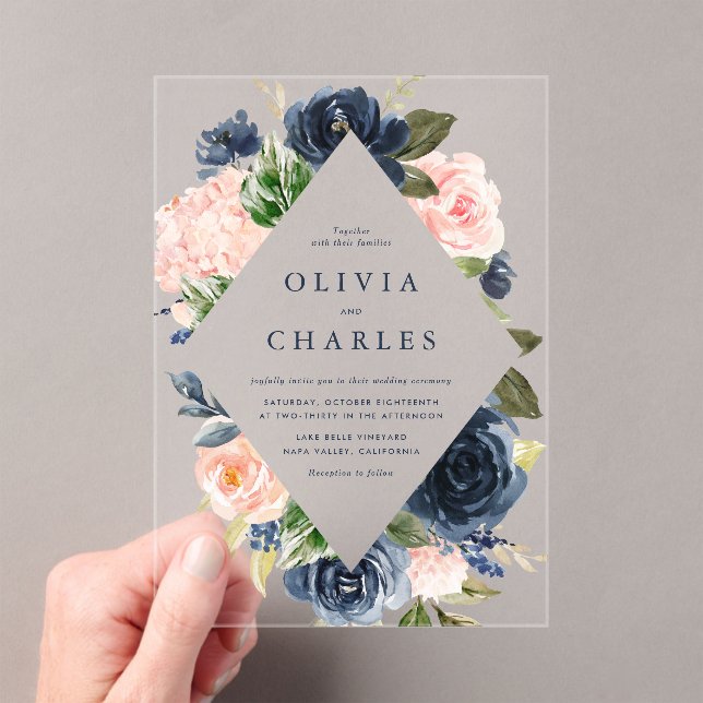 Invitations En Acrylique Aquarelle Blush et Marine Floral Frame Mariage (In situ (ordinateur de poche))