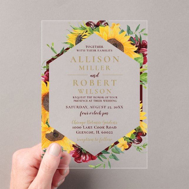 Invitations En Acrylique Aquarelle Burgundy Tournesol Rustique Mariage (In situ (ordinateur de poche))