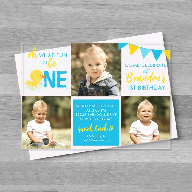 Invitations En Acrylique Aquarelle Caoutchouc 3 Photo Anniversaire (What Fun to Be One Watercolor Rubber Duck boy Birthday Invite)