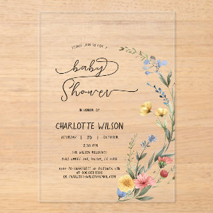 Invitations En Acrylique Aquarelle colorée Fleur sauvage bébé fille douche