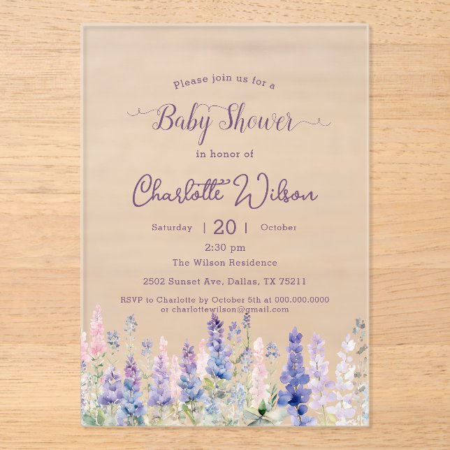 Invitations En Acrylique Aquarelle Colorful Lupine Flowers Baby shower (Recto)