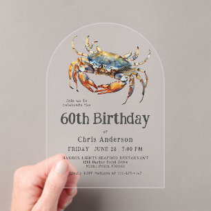 Invitations En Acrylique Aquarelle Crabe bleu Coastal Fruits de mer 60e ann
