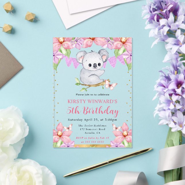 Invitations En Acrylique Aquarelle Cute Koala & Fleurs tropicales Anniversa (Insitu (Mariage))