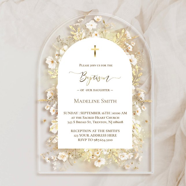 Invitations En Acrylique Aquarelle de baptême fleurs jaunes blanches (Créateur téléchargé)