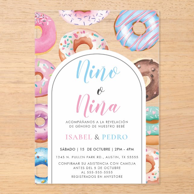 Invitations En Acrylique Aquarelle Donut Nino o Nina Spanish Gender Revela (Recto)