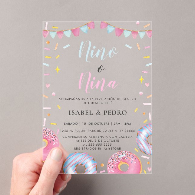 Invitations En Acrylique Aquarelle Donuts & Confetti Spanish Gender Revela (In situ (ordinateur de poche))