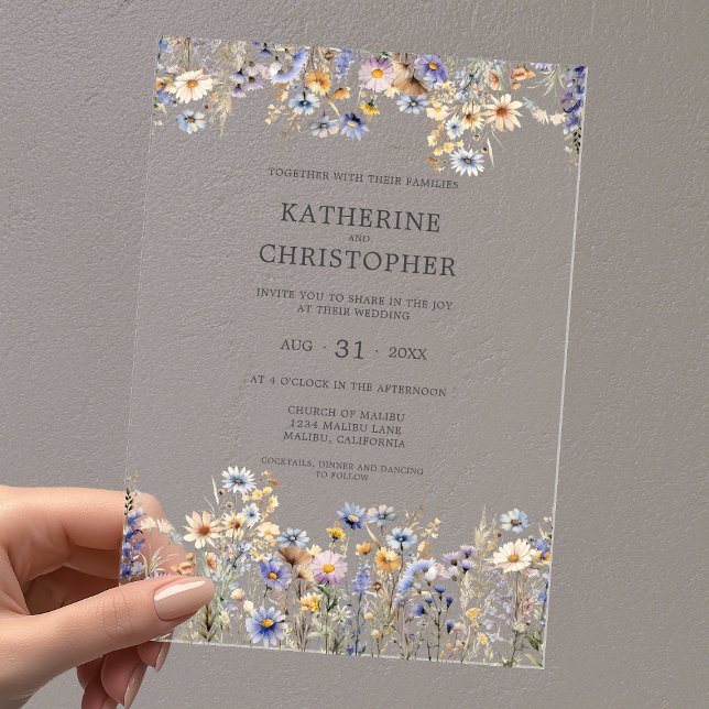 Invitations En Acrylique Aquarelle Dusty Blue Fleur sauvage Mariage élégant (BOHO Dusty Blue Watercolor Wildflowers Elegant Clear Acrylic Wedding Invitation with Black Text.
)