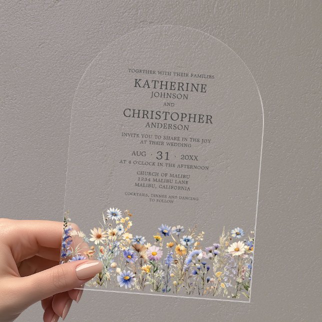 Invitations En Acrylique Aquarelle Dusty Fleur sauvage Mariage Arch (Watercolor Dusty Blue Wildflowers Acrylic Arch Wedding Invitation with Couple First and Last Names.)