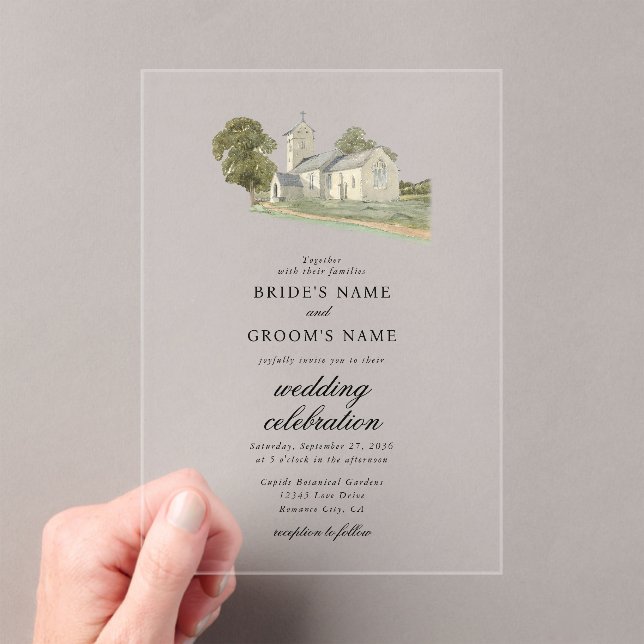 Invitations En Acrylique Aquarelle Eglise traditionnelle Monogramme Mariage (In situ (ordinateur de poche))