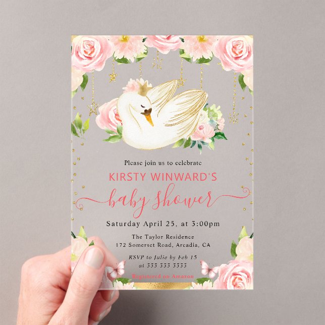 Invitations En Acrylique Aquarelle Élégant Baby shower de cygne floral (In situ (ordinateur de poche))