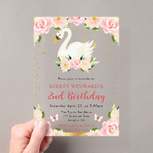 Invitations En Acrylique Aquarelle Élégant Fleur Cygne Anniversaire