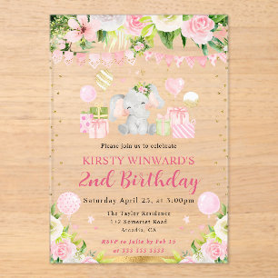 Invitations En Acrylique Aquarelle Éléphant de Jungle Rose Mignon Anniversa
