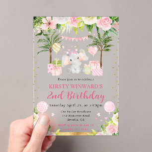 Invitations En Acrylique Aquarelle Éléphant de Jungle Rose Mignon Anniversa