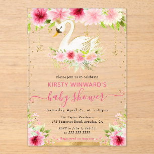 Invitations En Acrylique Aquarelle Été Fleurs roses Baby shower de cygne