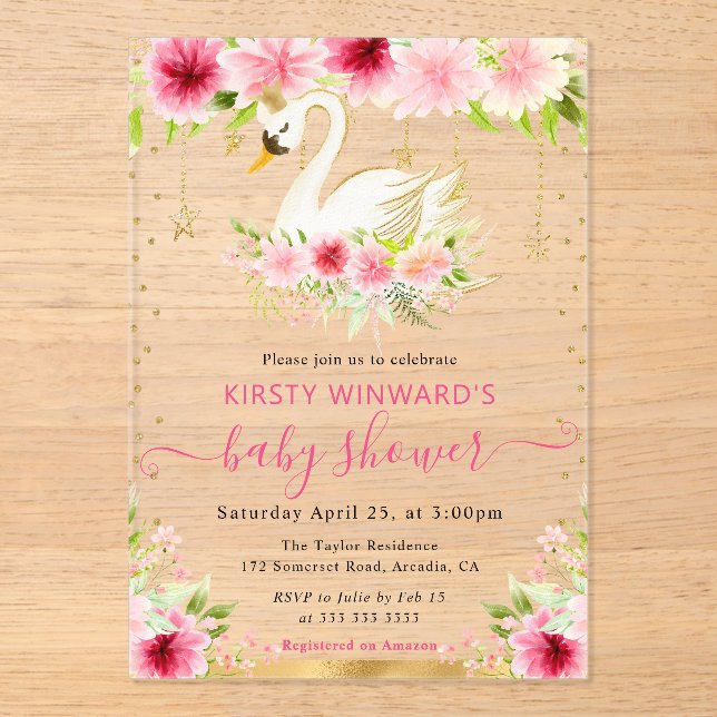 Invitations En Acrylique Aquarelle Été Fleurs roses Baby shower de cygne (Recto)