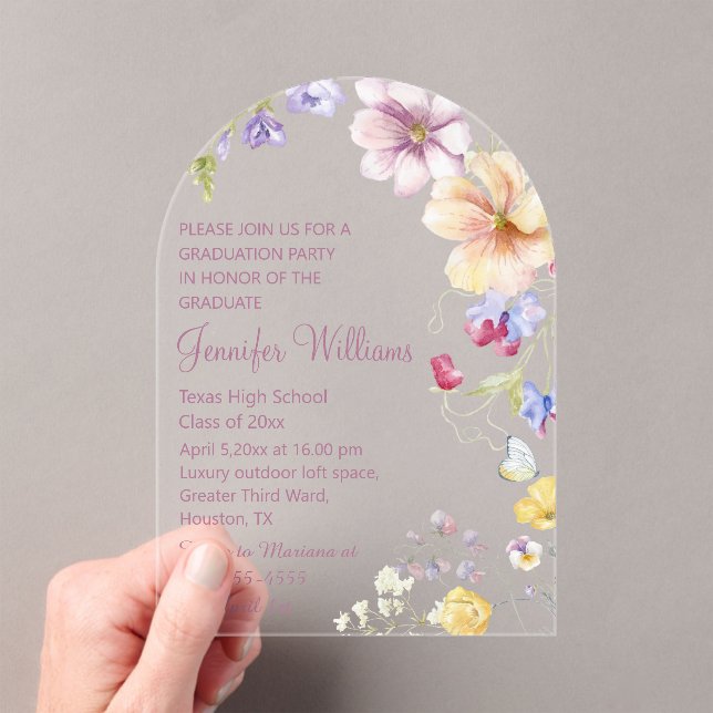 Invitations En Acrylique aquarelle fleur sauvage, script rose graduation (In situ (ordinateur de poche))