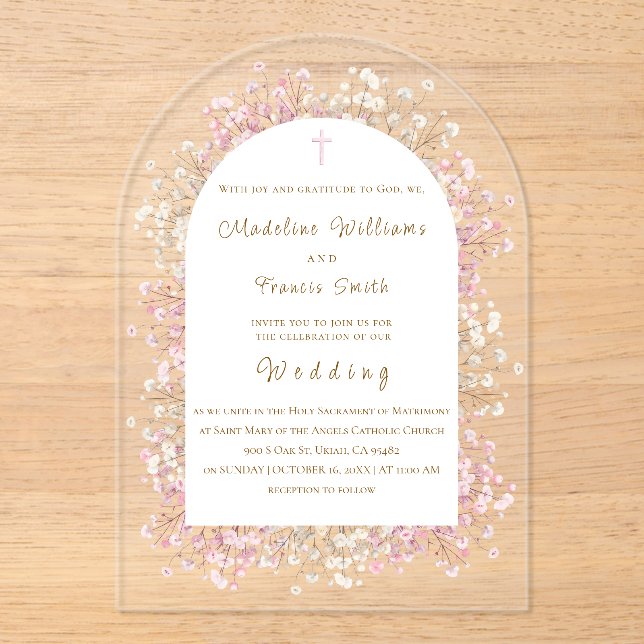 Invitations En Acrylique aquarelle fleurs blanches roses Mariage (Recto)