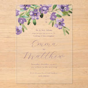 Invitations En Acrylique Aquarelle Fleurs Rustiques Mariage Violet
