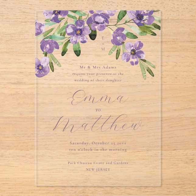 Invitations En Acrylique Aquarelle Fleurs Rustiques Mariage Violet (Recto)