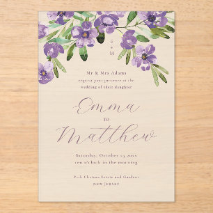 Invitations En Acrylique Aquarelle Fleurs Rustiques Mariage Violet