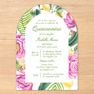 Invitations En Acrylique Aquarelle Floral Peonies Tulipes Citron Quinceañer