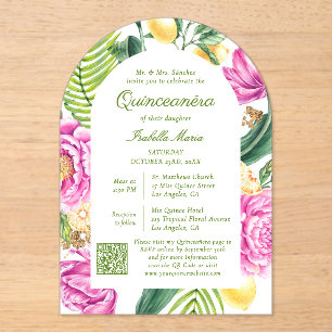 Invitations En Acrylique Aquarelle Floral Pink Peonies QR Code Quinceañera
