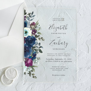 Invitations En Acrylique Aquarelle Floral Plum Marine Mariage bleu